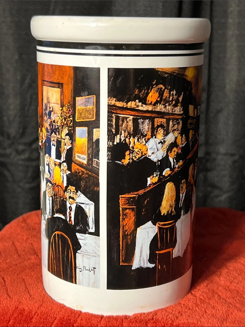 Classic Ceramic Cali Pantry White Ceramic Utensil Crock with Bistro Dining Scene
